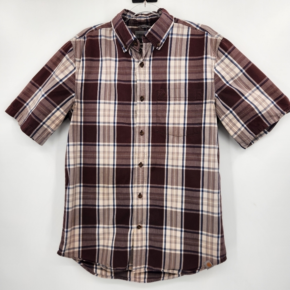 Carhartt Short Sleeve Button Front Shirt Mens Size XL Tan Plaid Relaxed Fit